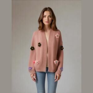 Anthropologie Duchamp Mauve Pink 3D Fun Chunky Knit Floral Sweater Cardigan OS